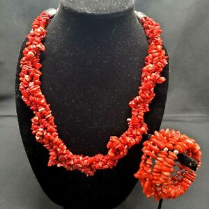 Chico's Red Stone Necklace 4 Strand Twisted Woven and Bracelet Nice