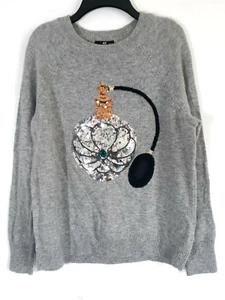 H&M Sweater Sz S Gray Sequins Embroidered Perfume Bottle Oversized Quirky Fun - Picture 1 of 12