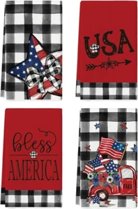 Buffalo Plaid USA Stars Patriotic 4Th of July Kitchen Towels Dish Towels, 18X26 - Picture 1 of 12