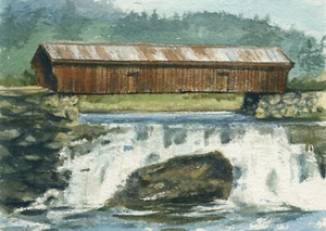 Puente cubierto y cascada Willard, Hartland, Vermont. Impresiones artísticas en acuarela - Imagen 1 de 1