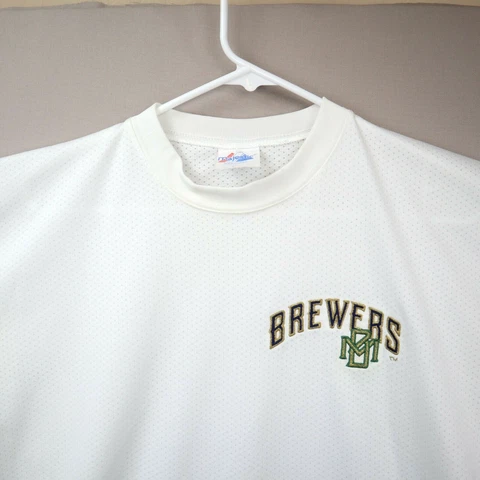 Milwaukee Brewers Mens Size L Large Majestic White Jersey Shirt MLB Made USA VTG Cover