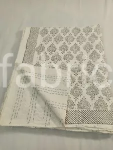Bedding Kantha Quilt Bedspread Throw Cotton Blanket Bedcover Block Print White - Picture 1 of 11