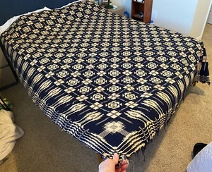 Antique Jacquard Loom Double Weave Americana Coverlet 80" X 92" Blue & Ecru - Picture 1 of 16