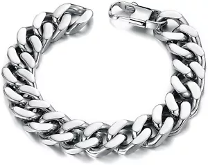 OSTAN MENS STAINLESS STEEL BRACELET 14MM WIDTH CURB CHAIN LINK SILVER 3028-GOLD - Picture 1 of 8