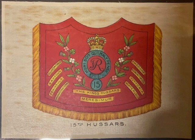 BDV SILK CIGARETTE CARD-REGIMENTAL COLOURS & CRESTS-G Size-15th HUSSARS - Image 1 of 1