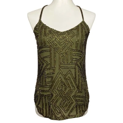 Ralph Lauren Top Womens XS Beaded Fairy Southwestern Aztec Olive Green Tank - Image 1 of 4