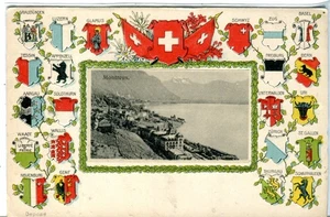 Switzerland Montreux - Cantons Coat of Arms old vintage frame embossed postcard - Picture 1 of 3