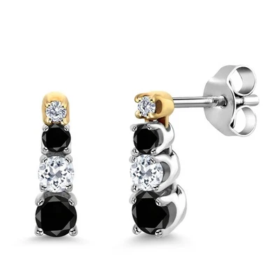 0.44 Ct Round Black Diamond White Topaz 925 Silver and 10K Yellow Gold Earrings - Image 1 of 4
