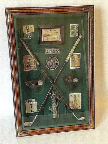 Golf Themed Wall Art - Shadow Box w/vtg Miniatures Wood Glass Frame Office Decor Cover
