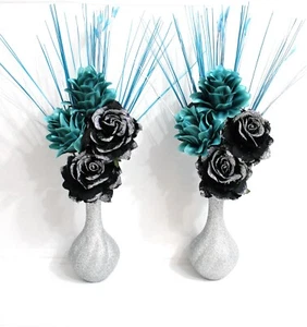 HANDMADE (SET OF 2) SILK TEAL & BLACK FLOWERS, SILVER GLITTER BULB SHAPE VASES - Picture 1 of 4