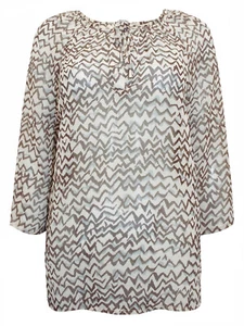 New Sizes 12 18 & 20 Printed Tie Neck Tunic Top Brown Mix Sheer By Blancheporte - Picture 1 of 4
