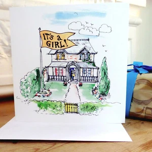 L21 NEW BABY ;GIRL WATERCOLOUR;BLANK INSIDE;FUN; MODERN; QUALITY;MADE IN UK; - Picture 1 of 4