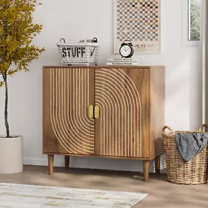 Sideboard Buffet Cabinet With Storage,Walnut Wood Buffet Cabinet with Line Groov - Picture 1 of 7