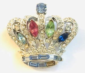 Pell Signed Vintage Multicolored Rhinestones Crown Brooch Pin - Picture 1 of 2