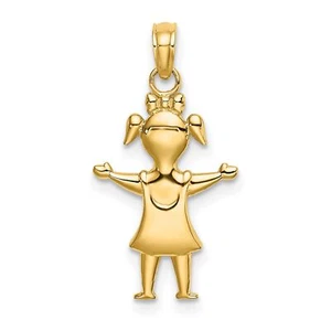Solid Polished Girl with Pig-Tails Charm In Real 14k Yellow Gold - Picture 1 of 7