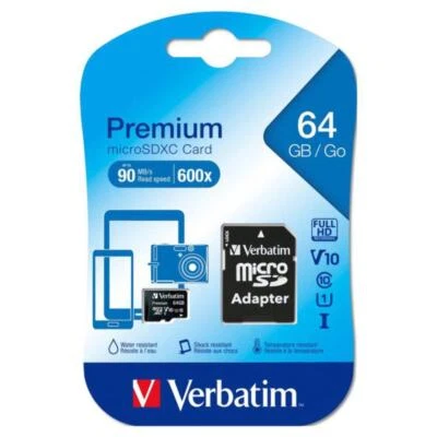 VERBATIM PREMIUM microSDHC CARD 64 GB MICRO SD MEMORIA/ADATTATORE v10 CLASSE 10 - Immagine 1 di 4