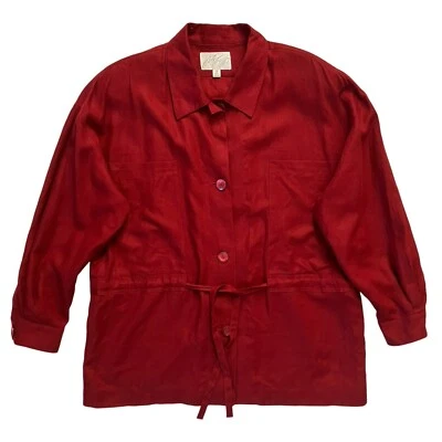 全新无标签复古 Lord & Taylor Shacket 女式 18 红色 100% 亚麻纽扣绑带腰 — 第 1/4 张图片