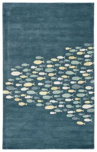 Modern Coastal Fish Celestial Blue Hand-Tufted 100% Wool Soft Area Rug Carpet. - Picture 1 of 5