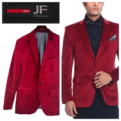 JF J Ferrar Slim Jacket Sport Coat Blazer Sz 44 44R Velvet Velour Red Holiday mm - Image 1 of 4