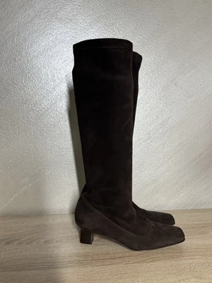 Y2K Cole Haan Talla 7B Marrón Elástico Gamuza Puntera Cuadrada Hasta la Rodilla Gatito Tacón Pila Foto 1 de 4