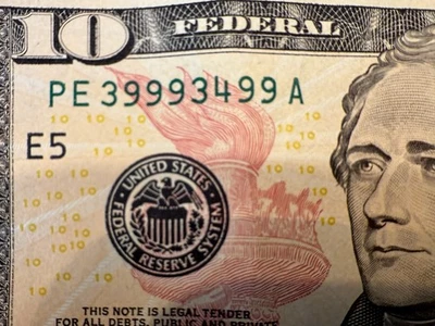 Five of a Kind 9’s Fancy Trinary Serial $10 Dollar Bill 2017A “339993499” - Image 1 of 3