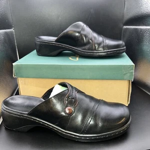 Clarks Shoes Womens 8 1/2 M Mule Slip On Black Leather Comfort Wedge Round Toe - Picture 1 of 14