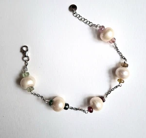 Bracciale in argento 925 con tormaline colorate e perle bianche barocche 10 mm - Foto 1 di 6