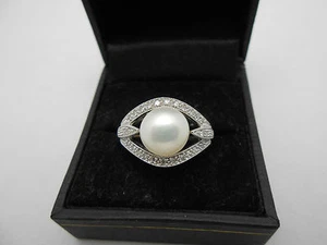 Gorgeous 14k Solid White Gold Diamond & 9.5mm Cultured Button Pearl Ring Sz 6.5 - Picture 1 of 10