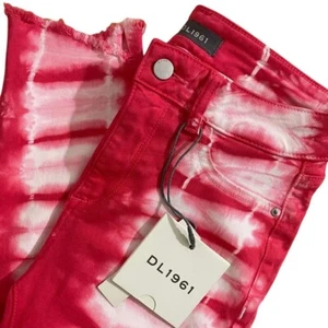 NWT DL1961 Florence Cropped Jean Women's 26 Mid-Rise Tie Dye Red White - Picture 1 of 8