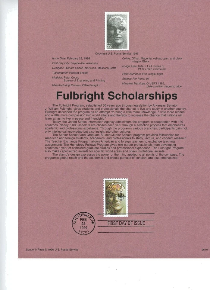 1996 USPS Souvenir Page 32¢ FULBRIGHT SCHOLARSHIP #9611 w/Watermark Archival - Image 1 of 1