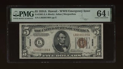 DBR 1934-A $5 FRN Hawaii Fr. 2302 PMG 64 EPQ Serial L66595109A - Image 1 of 2