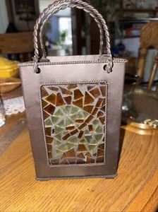 Metal BAG w/STAINED GLASS Votive Holder 6.5"H & handles - Picture 1 of 4