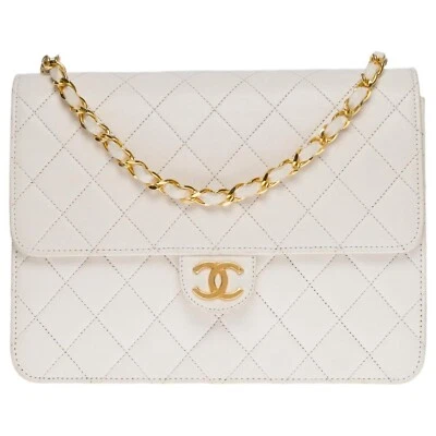 Bolso CHANEL Clásico Solapa Única Acolchado Matelasse Piel de Cordero Blanco Cartera Foto 1 de 4
