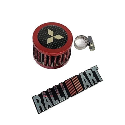 12MM RED RACING MINI AIR OIL BREATHER FILTER MITSUBISHI DIAMOND CARBON FIBER - Image 1 of 4