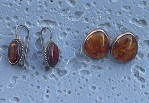 Set 2 Ps Sterling Silver 925 Amber Cabochon Pierced Stud/Hook Earrings #1 9.6 gr - Picture 1 of 9
