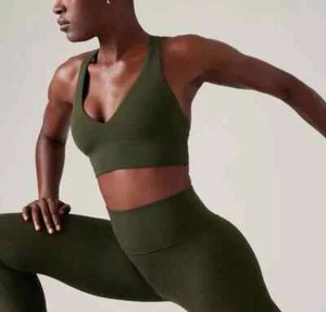 Athleta XL Transcend Plunge Sports Bra A-C Aspen Olive Green Yoga Workout V-neck - Picture 1 of 4