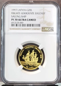 1997 LATVIA GOLD 20 LATU FRIGATE GEKROENTE EHLENDT NGC PF 70 ULTRA CAMEO RARE - Picture 1 of 3