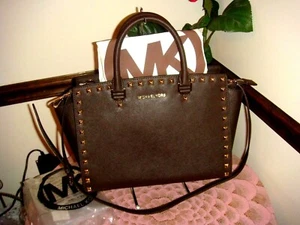 NWOT MICHAEL Michael Kors COFFEE Selma Stud Top Zip Satchel Bag $348 - Picture 1 of 12