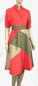 Vestido Vintage Caron Dolman Cinturón Falda Completa Bloque de Color Caqui Naranja M S/M - Imagen 1 de 5