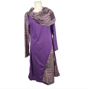 NWT Boho Mixed Fabric Tunic Dress Cowl Neck Women's M Long Sleeve Purple Midi - Picture 1 of 8