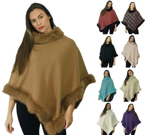 New Women's Faux Fur Poncho Winter Warm Soft Cozy Stylish Ladies Cape Coat Wrap - Picture 1 of 31