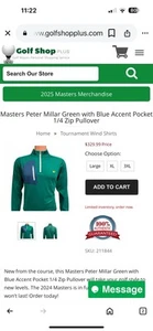 Maglione golf 2025 Masters by Peter Millar XL verde 1/4 quarto zip Augusta NUOVO - Foto 1 di 8