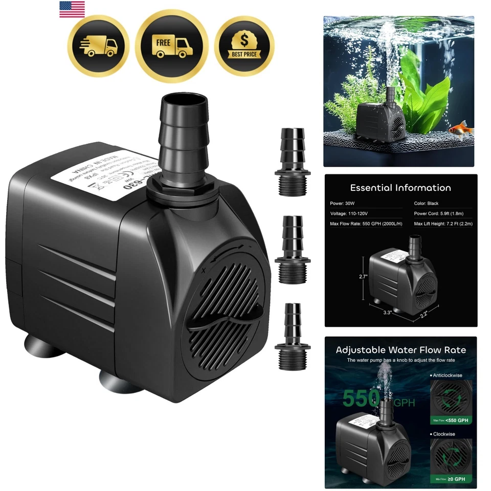 550 GPH Black 550gph Submersible Pump 30w Ultra Quiet Fountain Water Pump 2000l