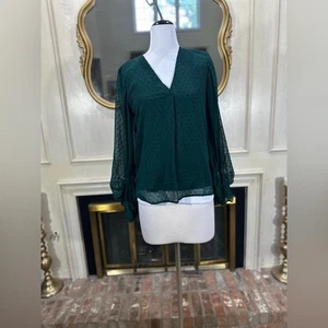 Panhandle Green Dot Swiss Sheer Blouse M V-Neck Ruched Sleeves Boho - Picture 1 of 9