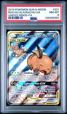 PSA 8 Pokemon TCG 2019 Sun & Moon Unified Minds #221 Raichu/Aln.Raichu Gx NM-MT - Image 1 of 2