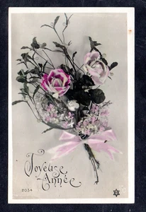Cartolina  Augurale Francese Buon Anno Mazzo di Fiori Rose (AA205) - Picture 1 of 2