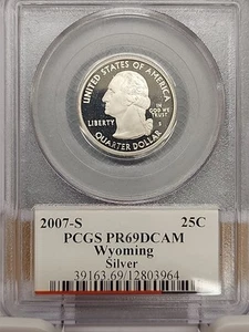 2007 s silver proof Wyoming statehood quarter PCGS PR69 DCAM (flag label)(#352) - Picture 1 of 2