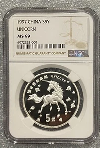 1997 China Unicorn 5 Yuan 1 oz Ag.999 Silver Coin NGC MS69 - Picture 1 of 5