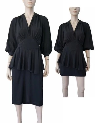 Vintage KAREN ALEXANDER Bishop Sleeve Black Crepe Peplum Midi Dress 4 - Image 1 of 4