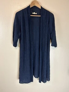 Eileen Fisher M Cardigan Sweater Blue Linen Short Sleeve Drape Tunic Lagenlook - Picture 1 of 4